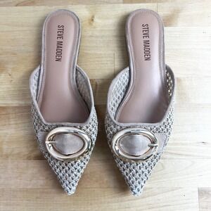 Steve Madden Ira Woven Pointed Toe Mules‎ Flat Slides Gold Buckle Women's Size 7